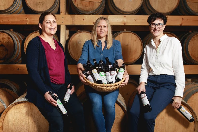 Die drei Bio Essigmacherinnen vor den Holzfässern mit der Produktpalette im Korb.